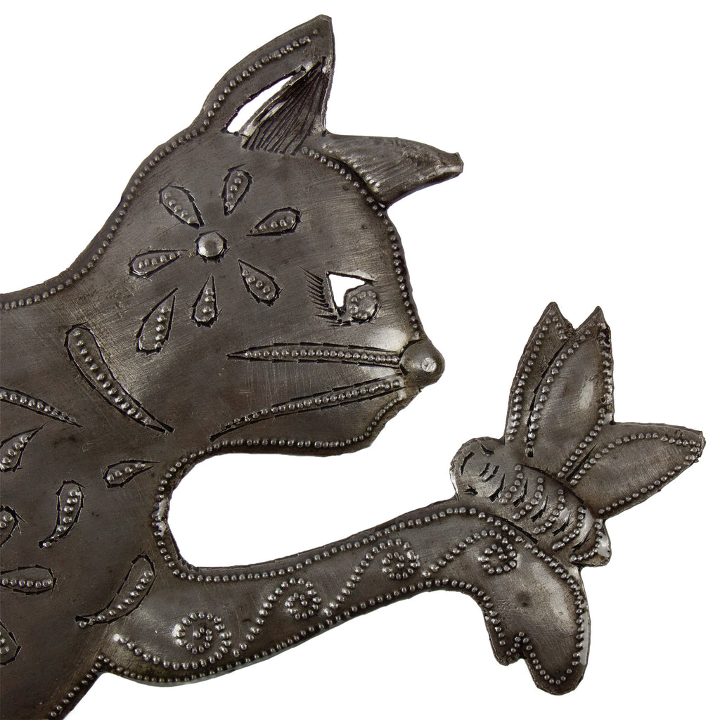 Haitian Steel Drum Wall Art- Playful Kitty and Butterfly -Fair Trade