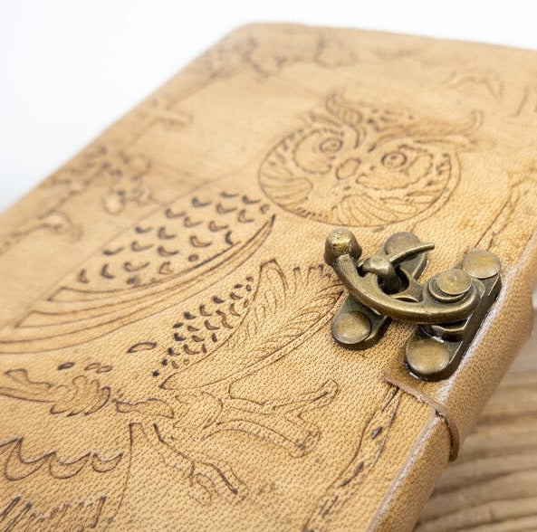 Hand-Tooled Leather Owl in Jungle Journal-Lined-5" x 7"