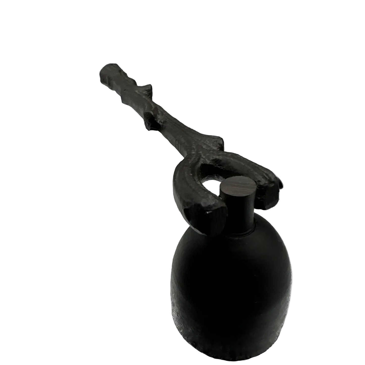 Black metal bottle with unique design on a gray background