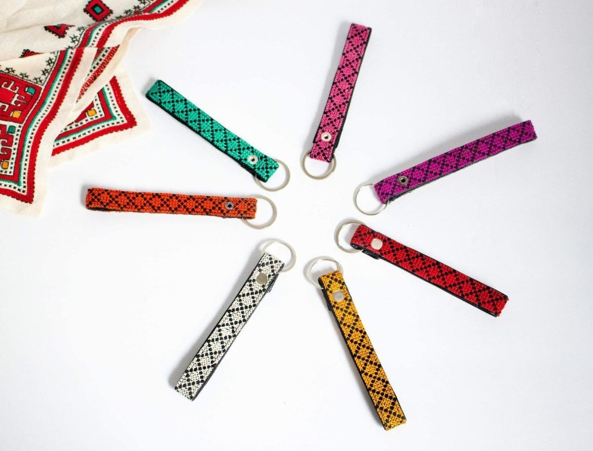 Lina Leather Key Lanyard-Hand-Embroidered Keyring-"Baker's Wife" Tatreez Motif