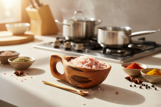 Fair Trade Coffee wood bowl with pink salt on a kitchen counter with pots and spices