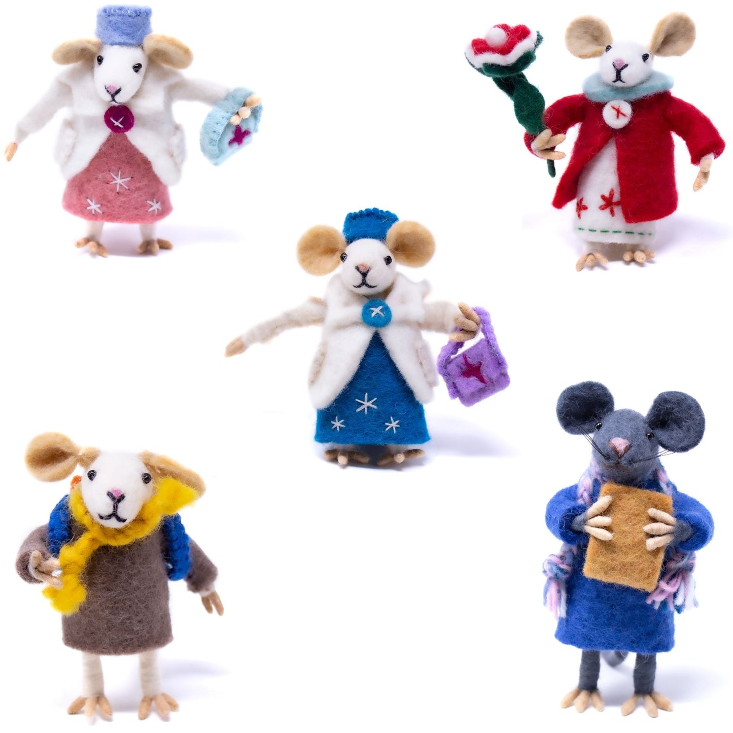 Familia de ratones- Coleccionables de fieltro hechos a mano- Conjunto de cinco