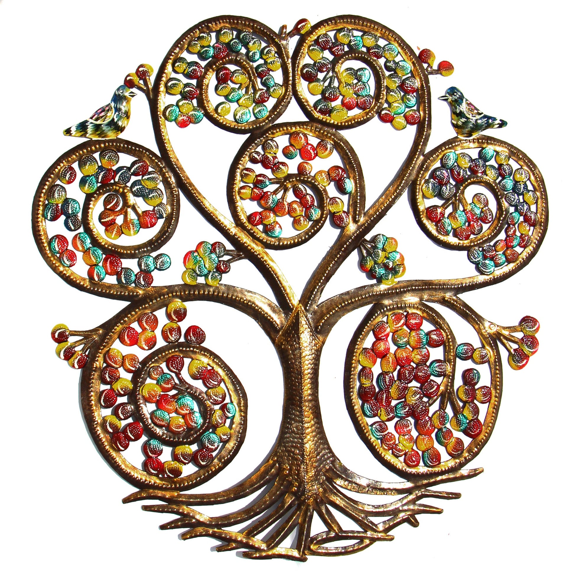 A metal wall art depicting a stylized tree with multiple branches, each terminating in a colorful bead or pendant, against a gold-painted background.