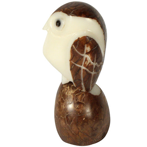 <center>Brown Owl Tagua Figurine - Side View</br>Crafted by Artisans in Ecuador </br>Measures 2-3/4” high x 1-1/4” wide x 1-1/4” deep</center>