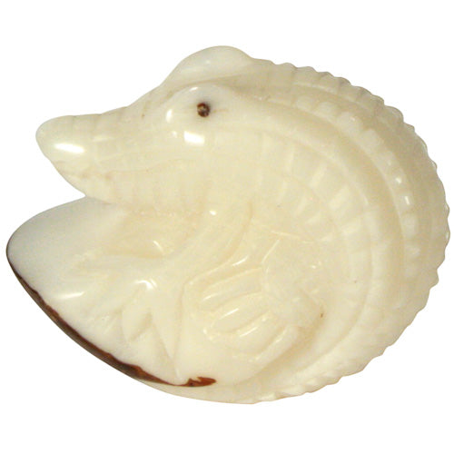 <center>Alligator in Relief Tagua Figurine - Side View</br>Crafted by Artisans in Ecuador </br>Measures 1” high x 1-1/2” wide x 2-1/4” deep</center>