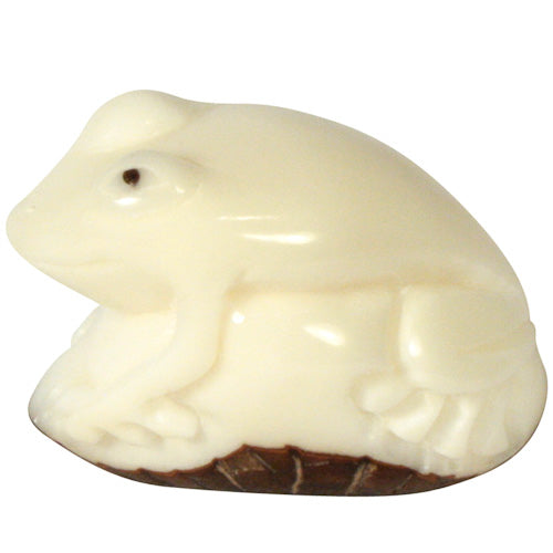 <center>Frog in Relief Tagua Figurine - Side View</br>Crafted by Artisans in Ecuador </br>Measures 1-1/2” high x 1” wide x 1-3/4” deep</center>
