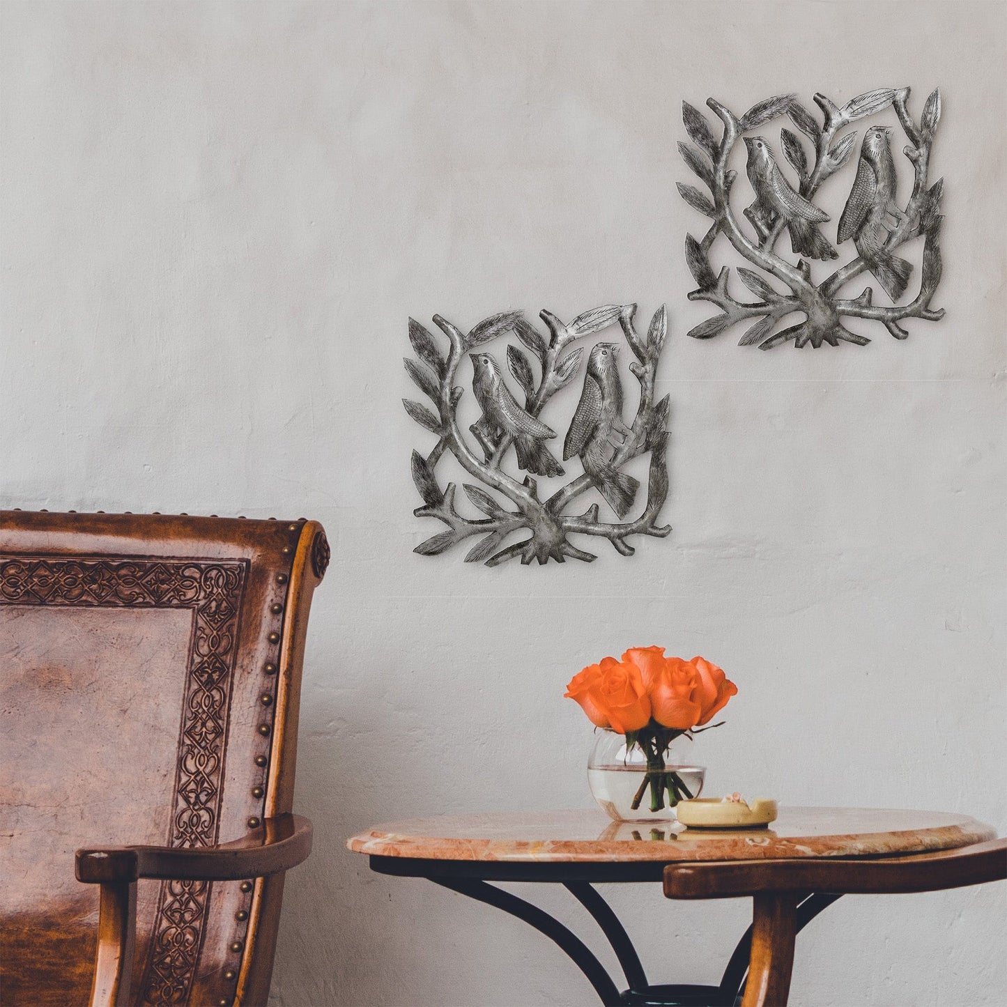Pair of Square Tree of Life w/ Birds -Haitian Steel Drum Wall Art