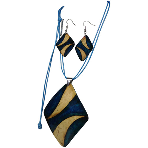 <center>Blue Diamond Necklace and Earring Sets with Horn Design</br>Handmade in Colombia</br>Adjustable cord necklace drop length 16-1/4'', pendant 3-1/2'' long x 3'' wide, earrings 1-1/2'' long x 1-1/4'' wide,  2-5/8'' drop</center>