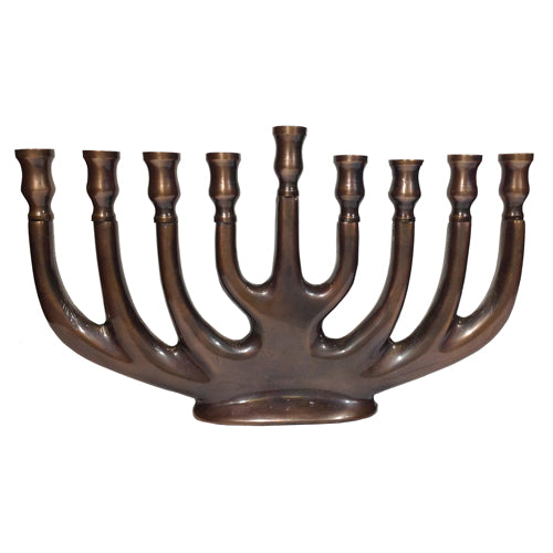 <center>Recycled Metal Hanukkah</br>Crafted by Artisans in India</br>Measures 5 1/2” high x 9 1/8” wide x 1 1/2” deep, 3/8'' candle dimensions</center>