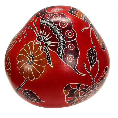 Hand-Painted Decorative Red Gourd-Butterflies in Flowers and Storm-Fair Trade-Peru