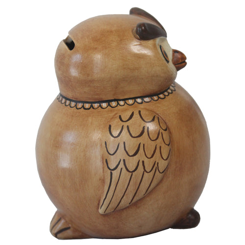 <center>Brown Owl Bank, crafted by Artisans in Peru - Side View </br> Measures 5” high x 4-1/4” wide diameter</center>