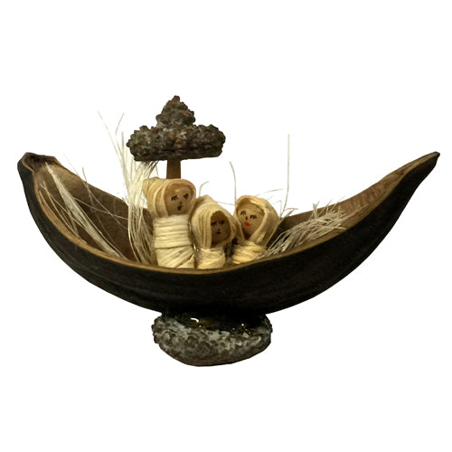 <center> Nativity in a Large Seed Pod with a Eucalyptus Pod Used for the Base and the Sail - Made by Artisans in Ecuador <center>