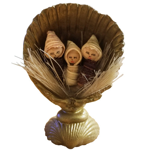 <center> Nativity in a Seashell with a Eucalyptus Pod Used for the Base <br>Made by Artisans in Ecuador <center>