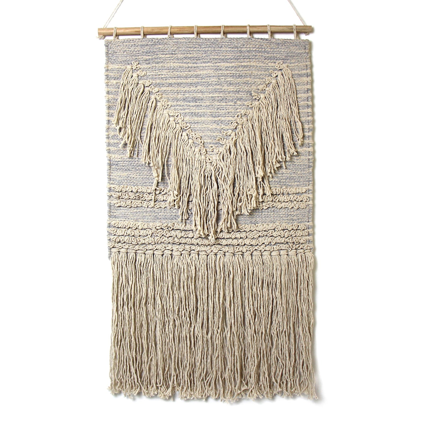 Colgante de pared Boho tejido a mano, gris azul con flecos crema