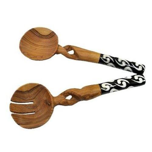 Juego para servir ensalada de madera de olivo de 11 pulgadas con asas retorcidas - Jedando Handicrafts