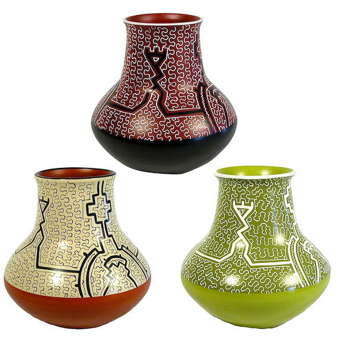 <center>Shipibo Rounded Pots with Stove Stack Tops crafted by Artisans in Peru </br> Measures 9” high x 8-3/4” diameter</center>