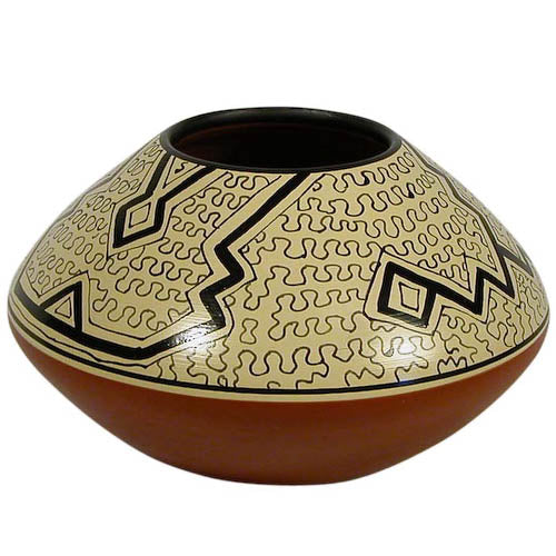 <center>White Shipibo Rounded Pot with Tapered Top<br/>Crafted by Artisans in Peru </br> Measures 5” high x 7-3/4” diameter</center>