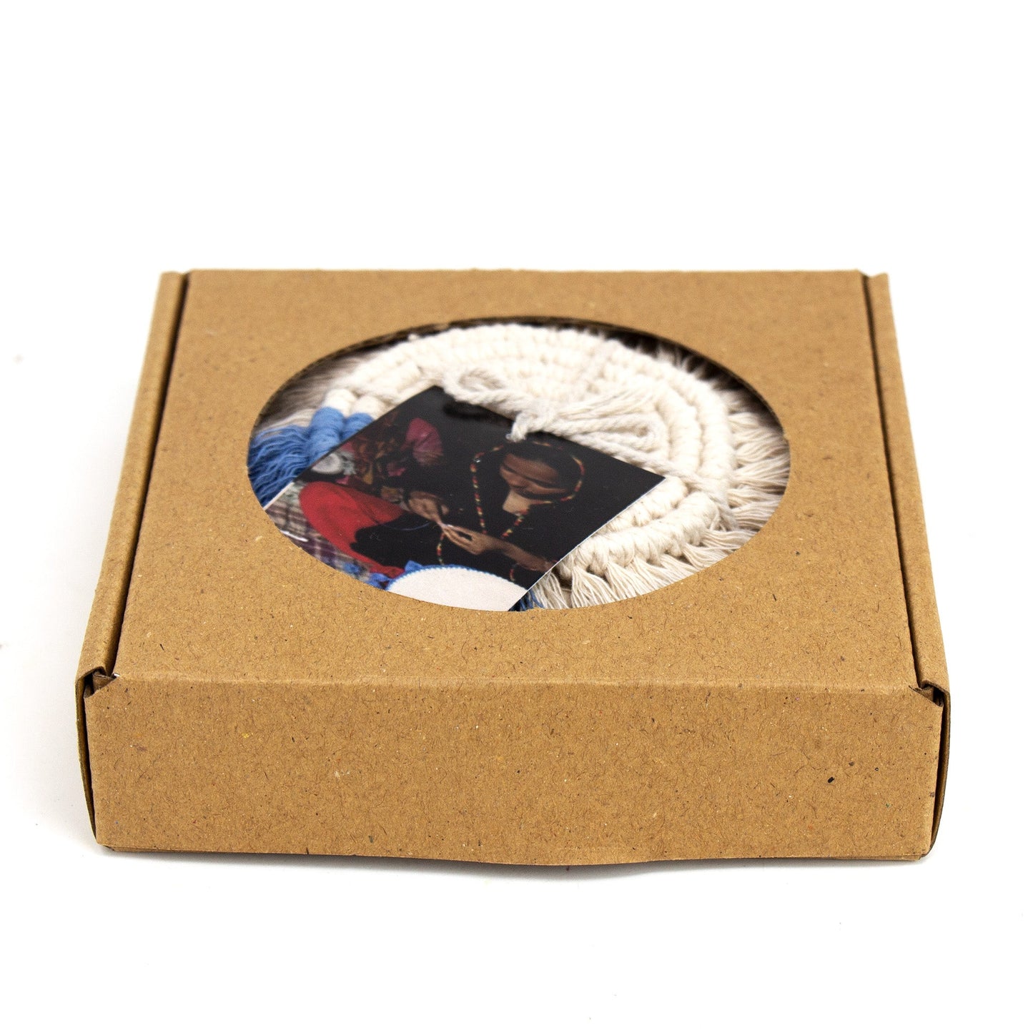 Hand-Woven Macrame' Coasters in Natural and Blue with fringe-Set of 4 -Fair Trade-Nepal