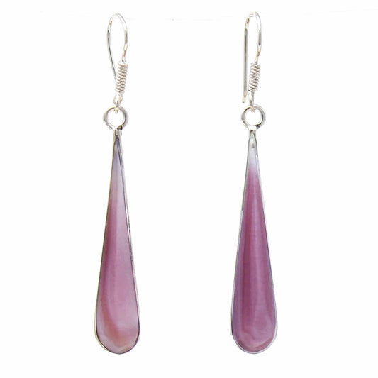 Pink Elongated Teardrop Earrings- Alpaca Silver and Pink Clam Shell- Mexico