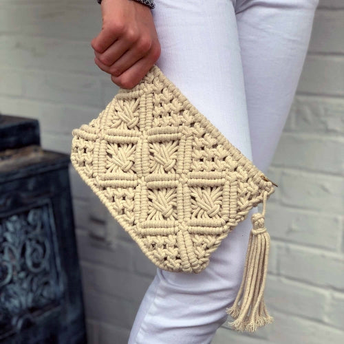 Clutch Macrame con Borla- Crema