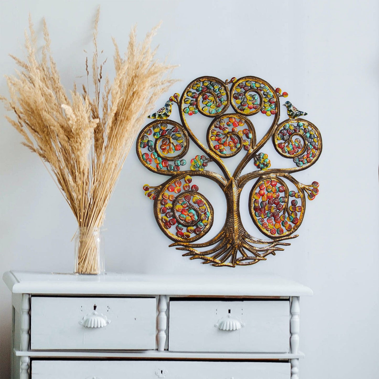 Arte de pared de tambor de acero haitiano del árbol de la vida en espiral de otoño