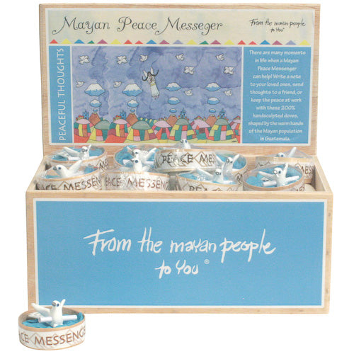 <center>Mayan Peace Messengers crafted by Artisans in Guatemala </br> 24 Piece Display Box Measures 4-1/4” high x 9” wide x 5-3/4” deep</center>