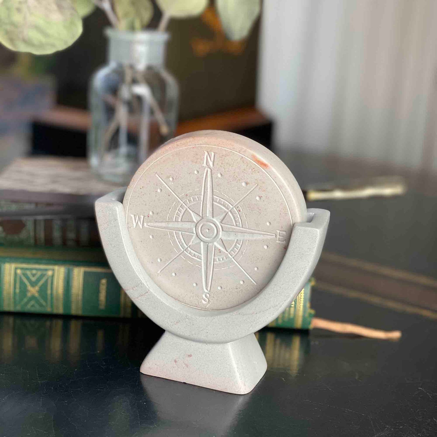 Compass Soapstone Sculpture- Light Gray Stone - Fair Trade-Kenya