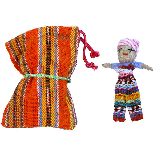 <center>Large Worry Doll in Woven Bag Crafted by Artisans in Guatemala </br> Each Bag Measures 2-3/4” x 2-1/4” with a 2” Doll Inside</center>