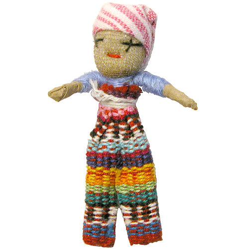 <center>Large Worry Doll in Woven Bag Crafted by Artisans in Guatemala </br> Each Bag Measures 2-3/4” x 2-1/4” with a 2” Doll Inside</center>