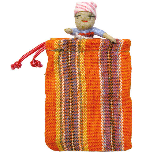 <center>Large Worry Doll in Woven Bag Crafted by Artisans in Guatemala </br> Each Bag Measures 2-3/4” x 2-1/4” with a 2” Doll Inside</center>
