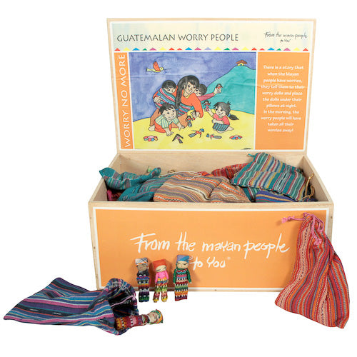 <center>Four Worry Dolls in a Bag crafted in Guatemala </br> 48 Piece Display Box Measures 5-1/4β high x 11-3/4β wide x 9β deep</center>