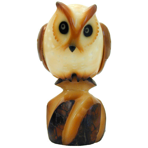 <center>Tagua Horned Owl Figurine Carved by Artisans of Ecuador - Front View </br> Measures: 3" high x 2" wide x 2" deep</center>