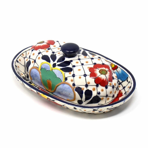 Handmade Pottery Butter Dish- Dots & Flowers by Encantada- Mexico- Fair Trade