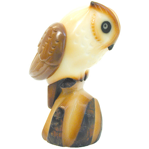 <center>Tagua Horned Owl Figurine Carved by Artisans of Ecuador - Side View </br> Measures: 3" high x 2" wide x 2" deep</center>