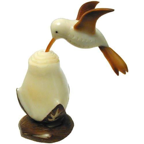 <center>Tagua Hummingbird-2 w/ Flower Carved by Artisans of Ecuador </br> Measures: 3-1/2" high x 3" wide x 3" deep</center>