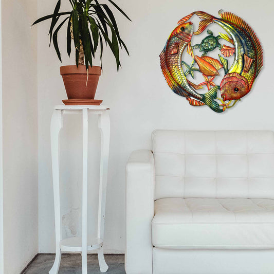 Arte de pared de metal pintado con dos peces saltando de 24 pulgadas - Croix des Bouquets