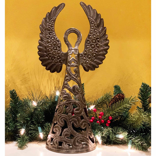 fair trade handcrafted recycled metal angel luminary with wings up