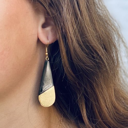Brass & Black Horn Bisected Teardrop Earrings -Fair Trade