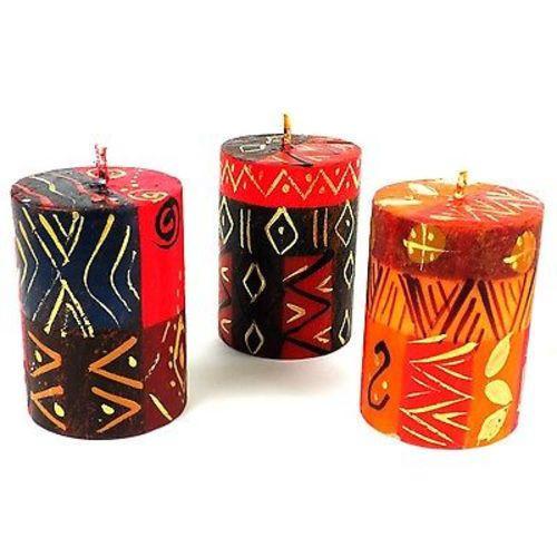 Set of 3 Hand-Painted Candles -Bongazi Design-Red/Orange/Yellow/Brown-South Africa-Fair Trade
