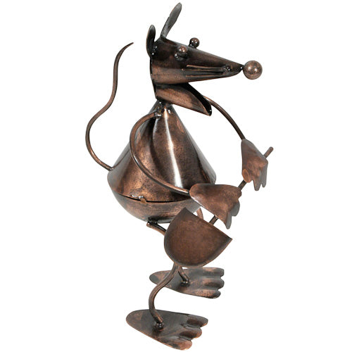 <center>Garden Mouse with Shovel, made of recycled metal - Side View</br>Crafted by Artisans in India </br>Measures 8” high x 4” wide x 6-1/4” deep</center>