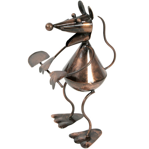 <center>Garden Mouse with Shovel, made of recycled metal - Side View</br>Crafted by Artisans in India </br>Measures 8” high x 4” wide x 6-1/4” deep</center>
