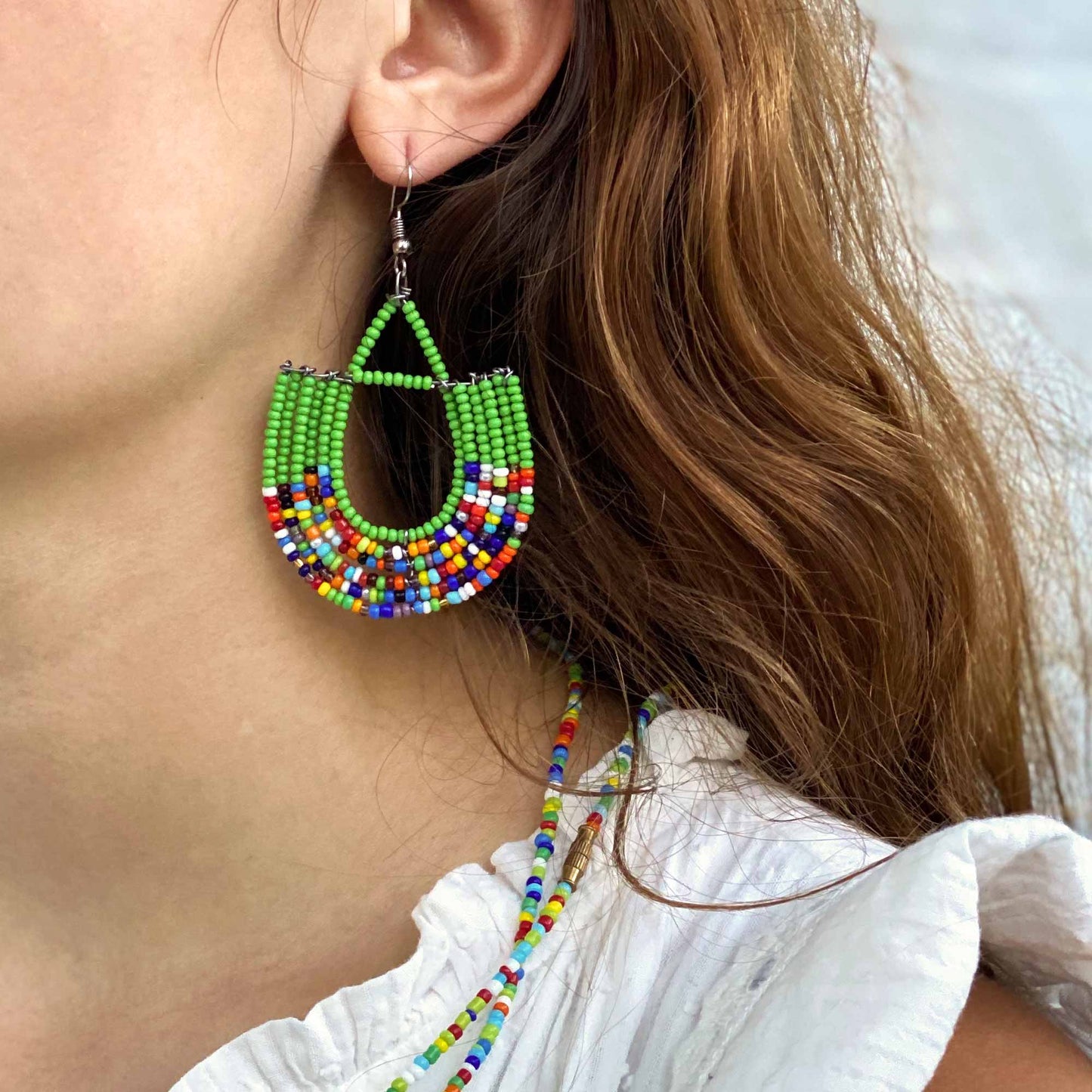 Maasai Beaded Basket Dangle Earrings - Green/Multi-Fair Trade - Kenya