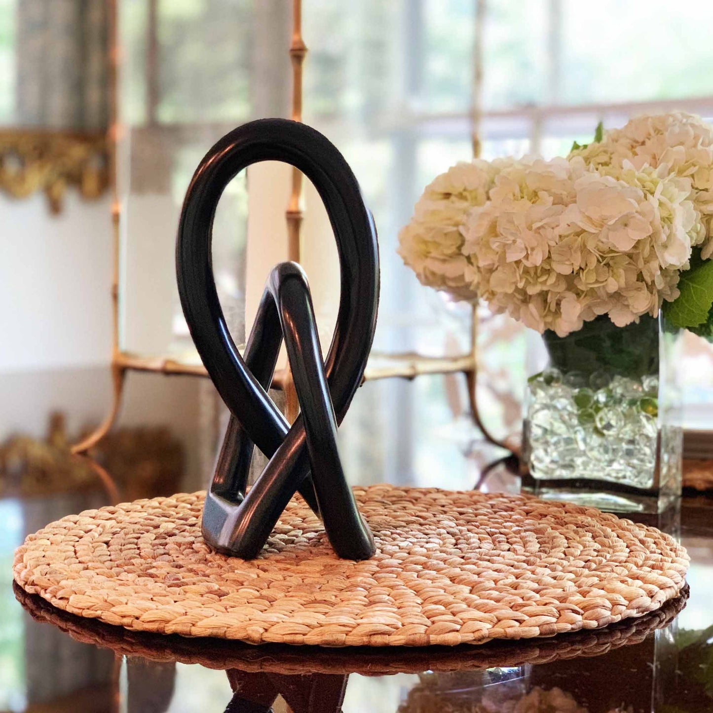 Hand-crafted Soapstone Sculpture - Lovers Knot 10" Tall- Black