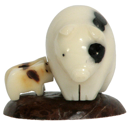<center>Tagua Mother Pig with Piglets Figurine Carved by Artisans of Ecuador - Front View </br> Measures: 1-3/4" high x 2-1/4" wide x 2" deep </center>