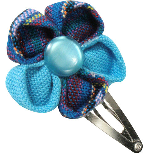 <center>Blue Cotton Flower Hair Clip </br>Crafted by Artisans in Guatemala </br>Measures 1-1/2” high x 1-1/2” wide, with 1” clip</center>