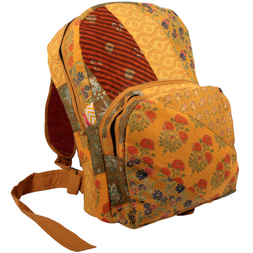 <center>Yellow Tones Patchwork Backpack </br>Crafted by Artisans in India </br>Measures 17” high x 12-1/2” wide x 6-1/2” deep</center>