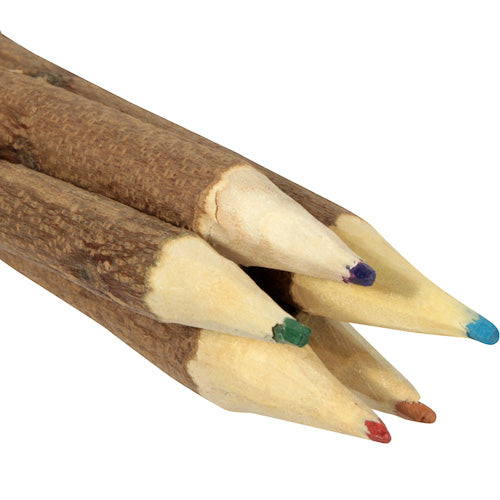 <center>Set of 5 Neem Wood Colored Pencils </br>Crafted by Artisans in India </br>Each pencil measures 7” in length, diameter varies </center>