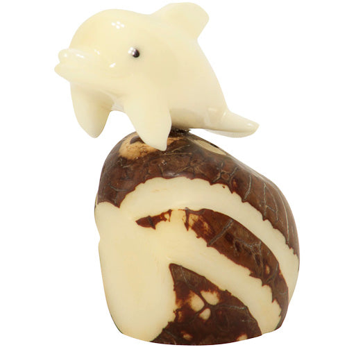 <center>Tagua Dolphin on Wave Figurine Carved by Artisans of Ecuador </br> Measures: 2-1/4” high x 1-1/4” wide x 2” deep</center>