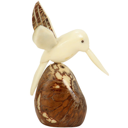 <center>Tagua Hummingbird Figurine with Brown Wings - Side View</br> Carved by Artisans of Ecuador </br> Measures: 2-1/4β high x 2β wide x 2-3/4β deep</center>