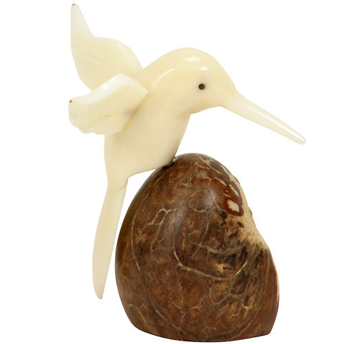 <center>Tagua Hummingbird Figurine with Natural Wings - Side View</br> Carved by Artisans of Ecuador </br> Measures: 2-1/4” high x 2” wide x 2-3/4” deep</center>